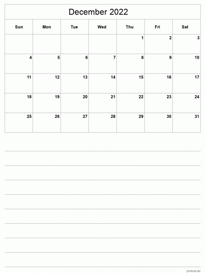 Printable December  Calendar - Half-Page With Notesheet