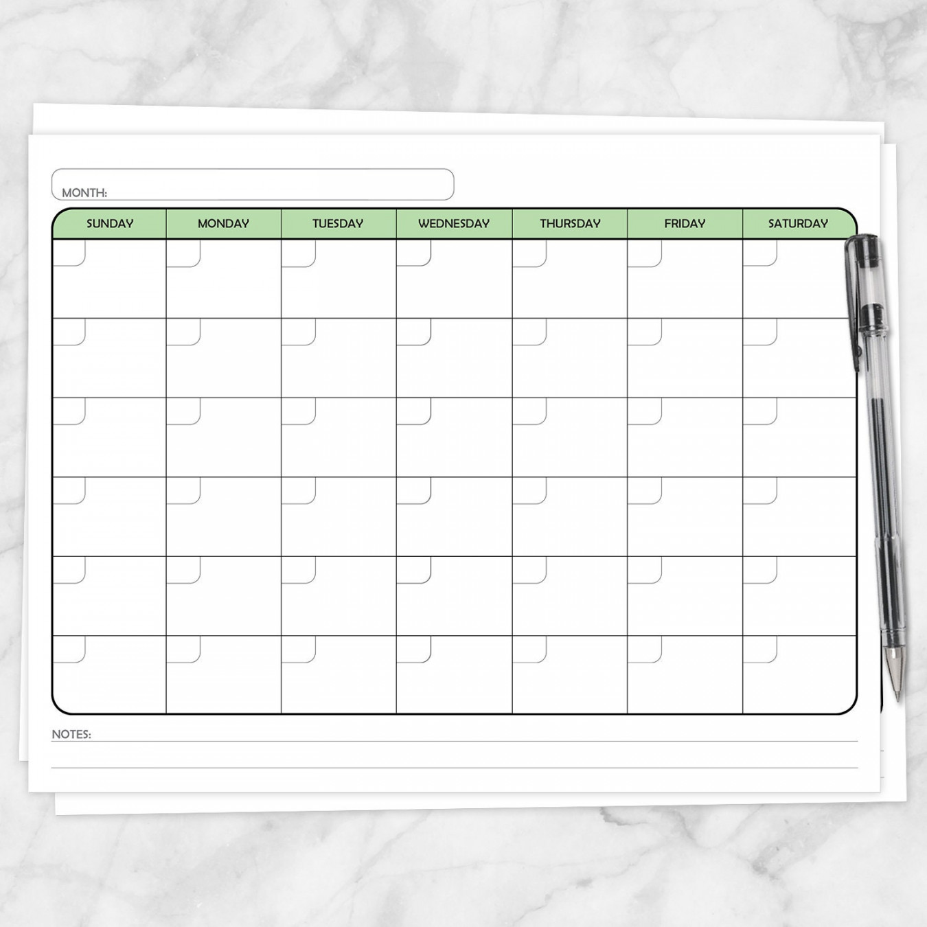 Printable Green Blank Calendar, Monthly Full Pages PDF - Green colored days  of the week - Instant Download