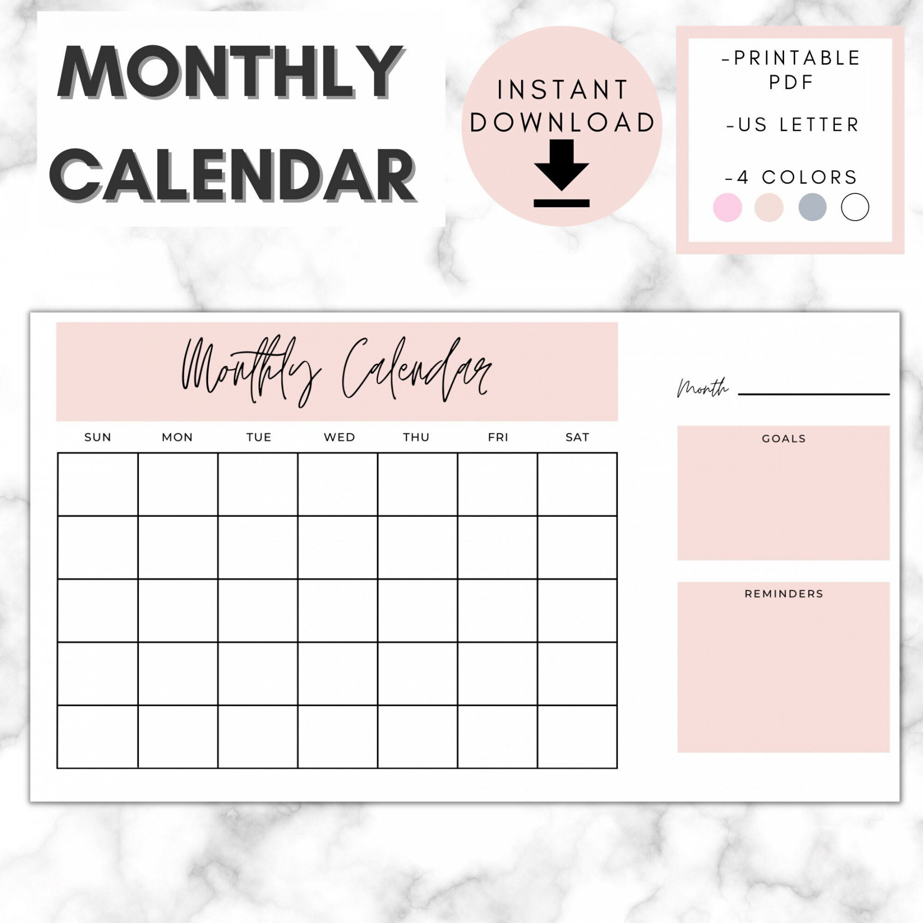 Printable Monthly Calendar Minimalist Calendar Blank - Etsy