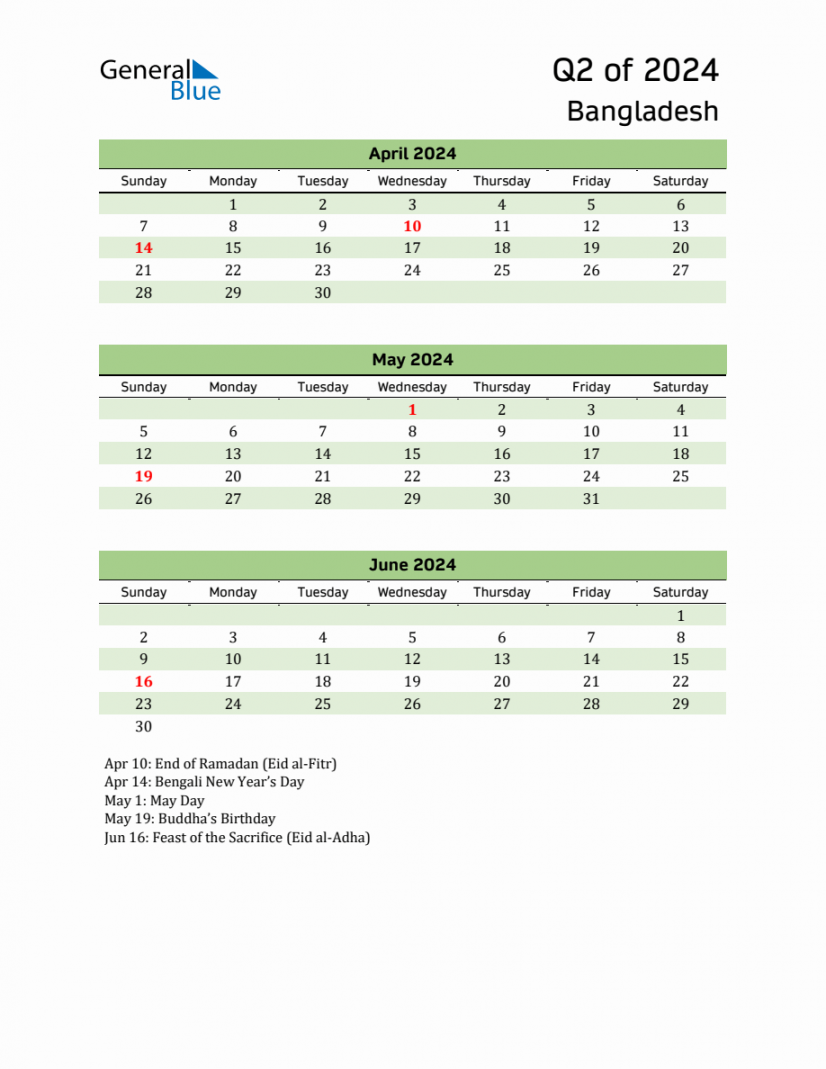 Quarterly Calendar with Bangladesh Holidays