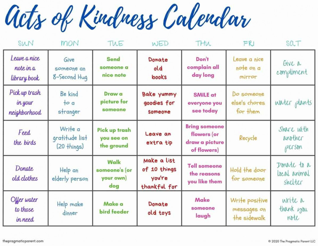 Random Acts of Kindness Calendar (Free Printable)