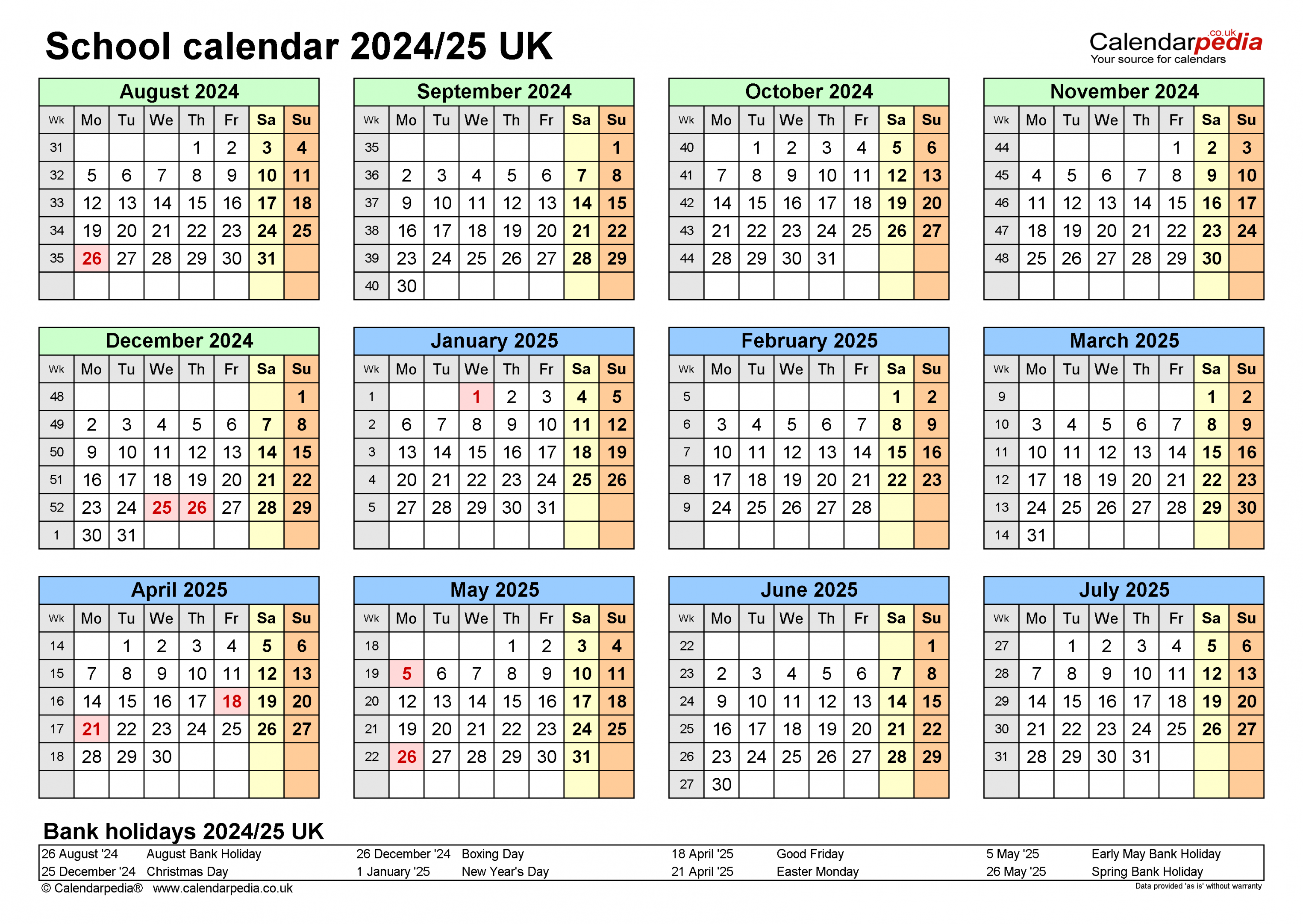 School calendars / UK - free printable Excel templates