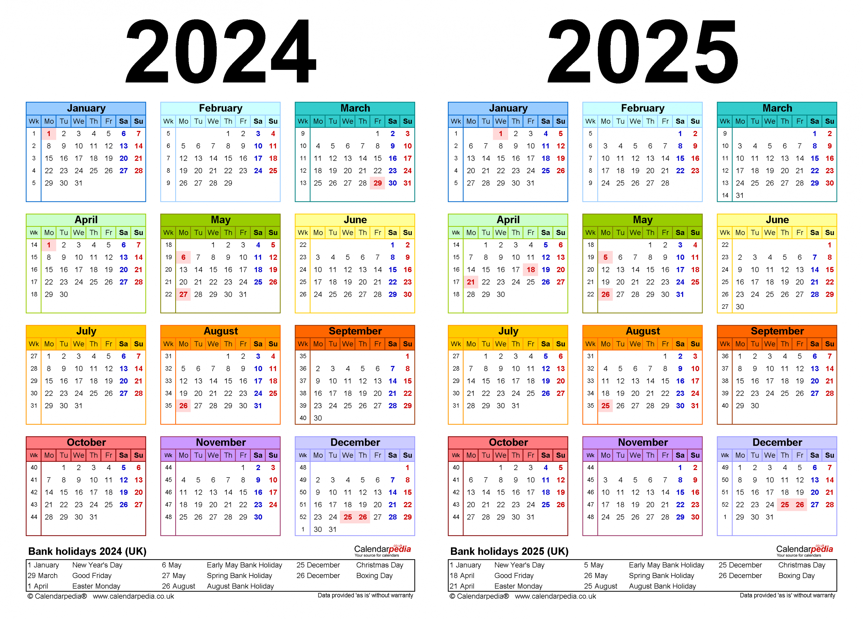 Two year calendars for  &  (UK) for PDF
