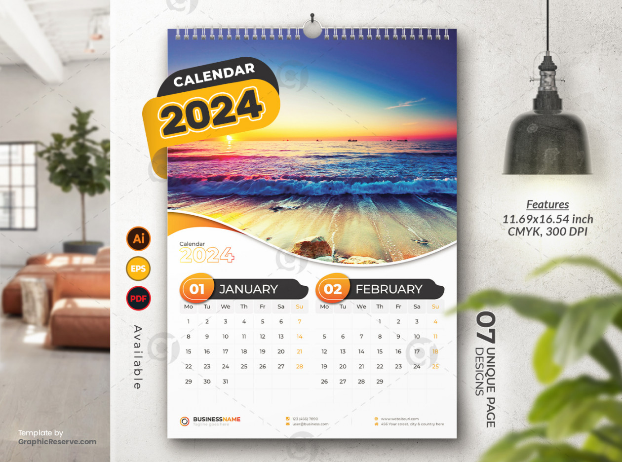 Wall Calendar Template Design (Ai, EPS, and PDF)