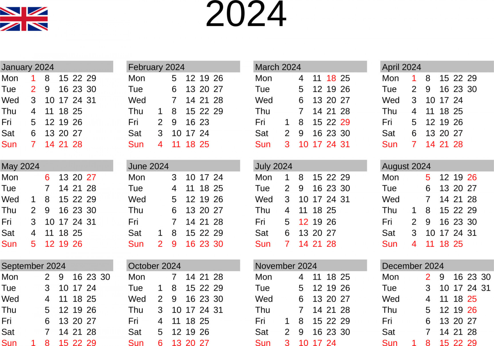 year  calendar in English with United Kingdom holidays