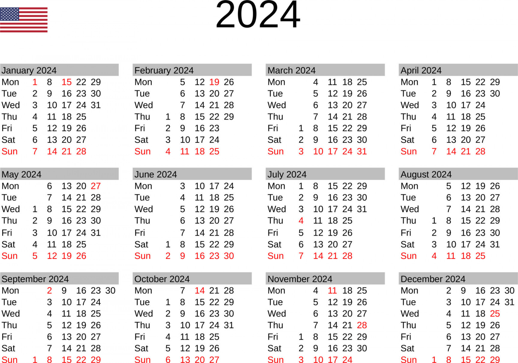 year  calendar in English with United States holidays