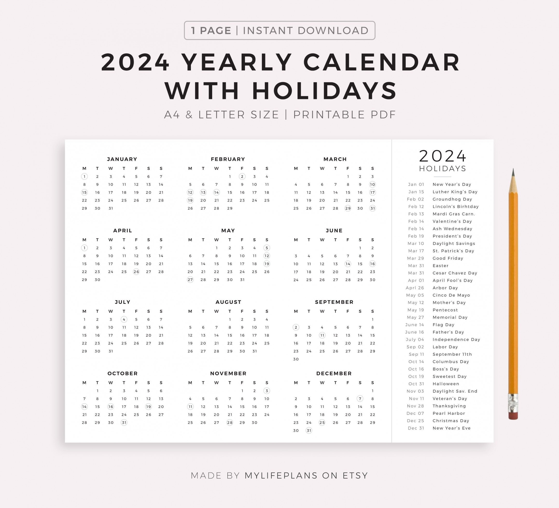 Year Calendar With Holidays on One Page Printable - Etsy Israel