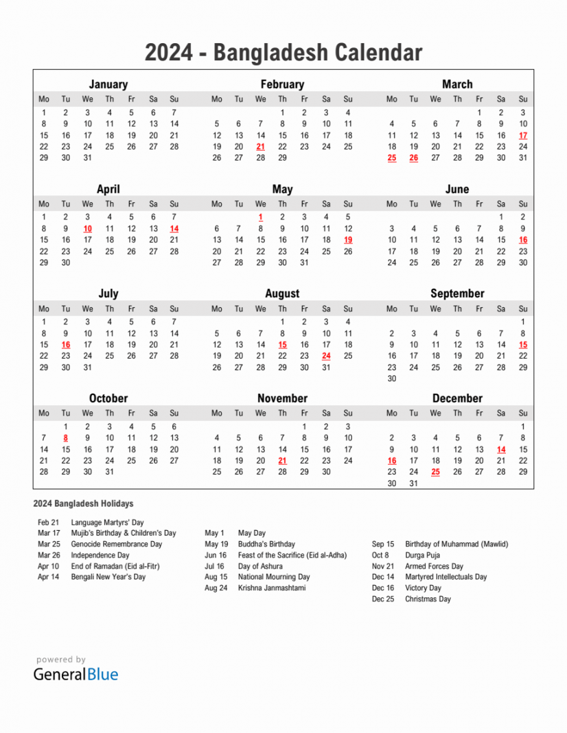 Year Simple Calendar With Holidays in Bangladesh
