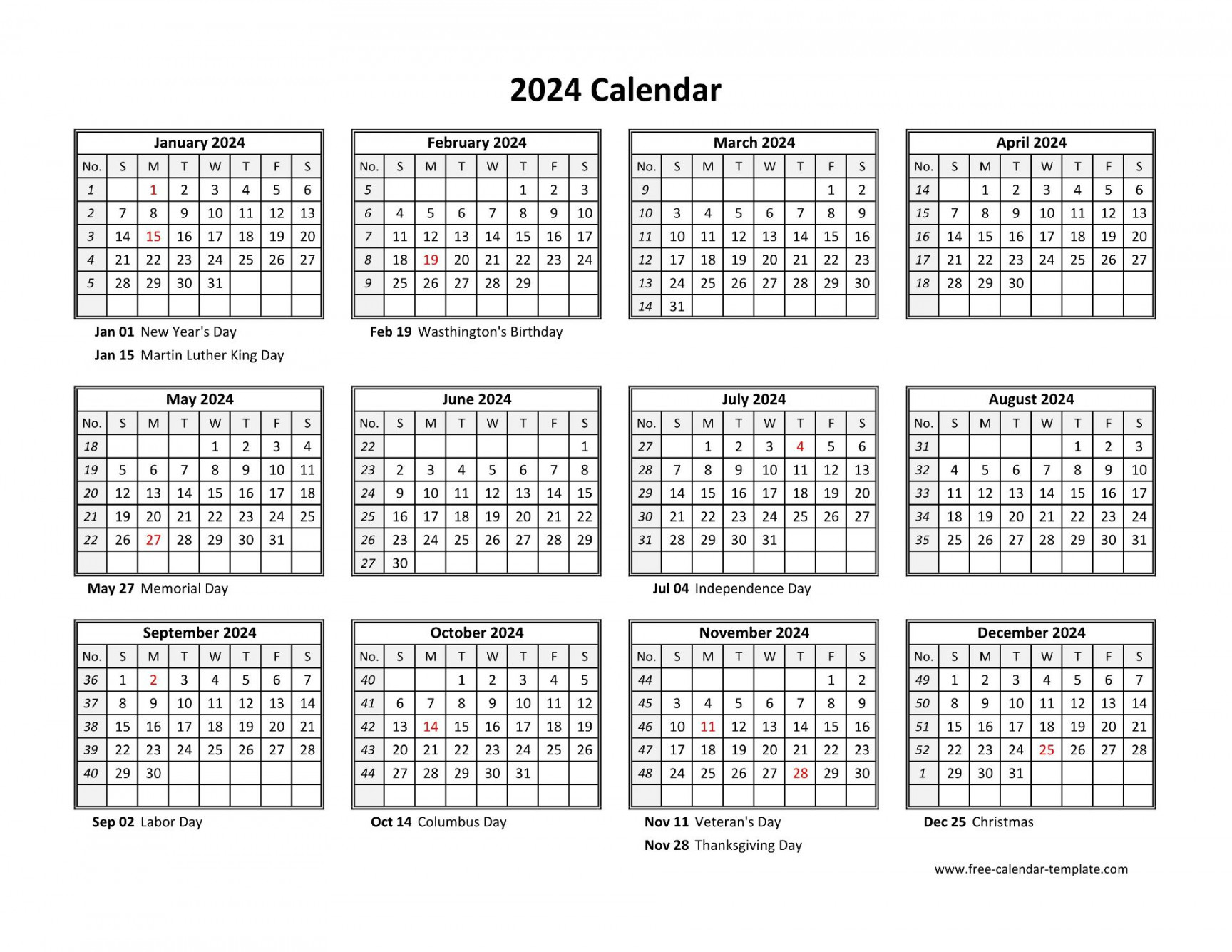 Yearly calendar  printable with federal holidays  Free