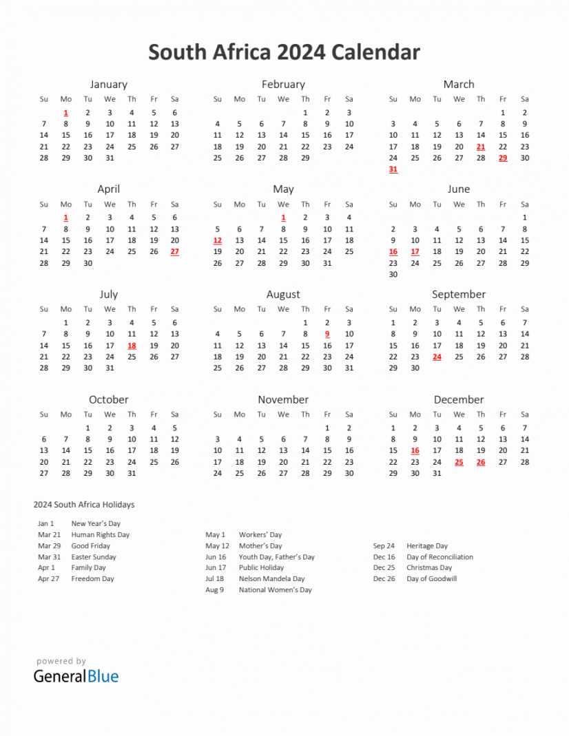 Yearly Calendar Printable With South Africa Holidays