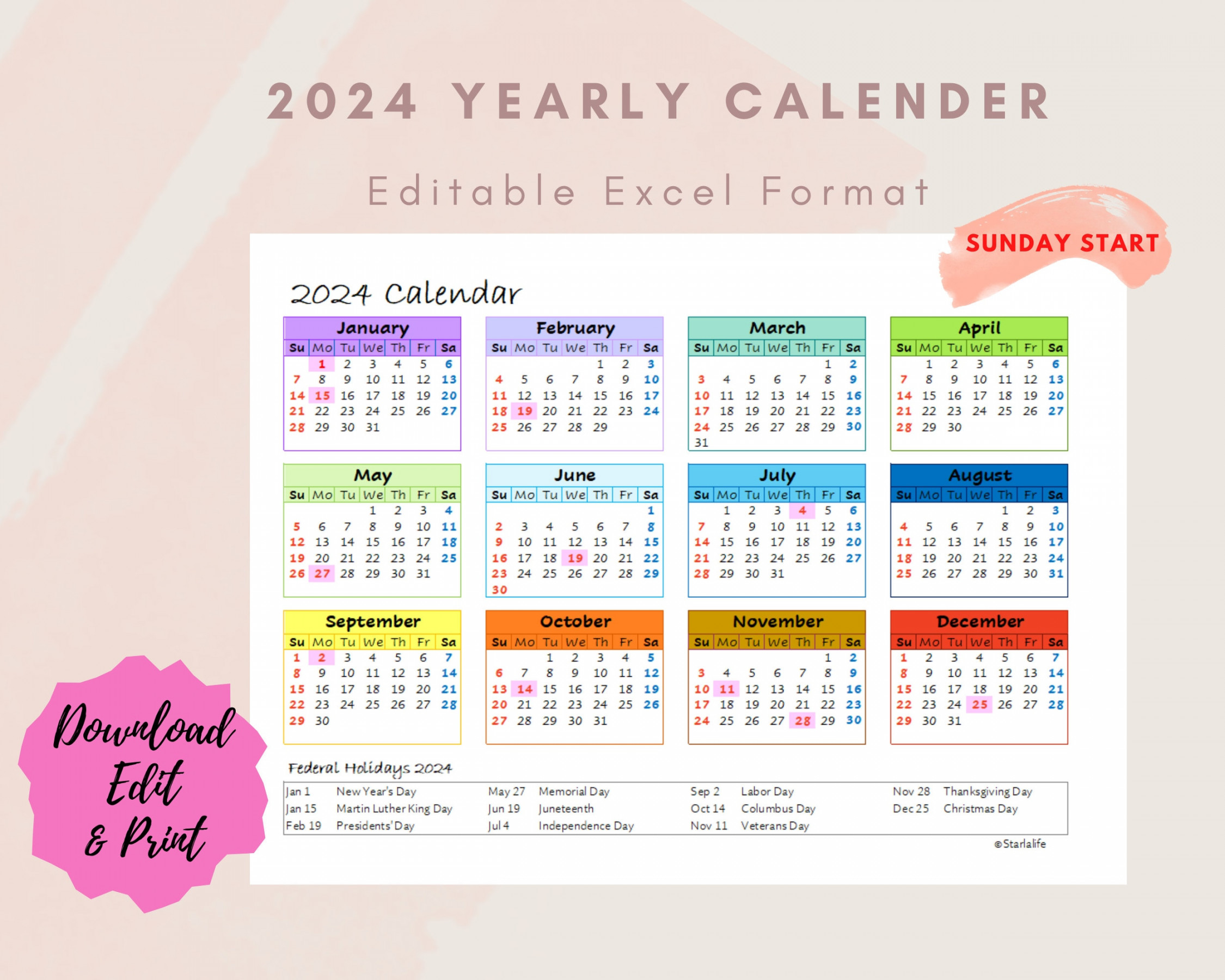 Yearly One Page Excel Calendar