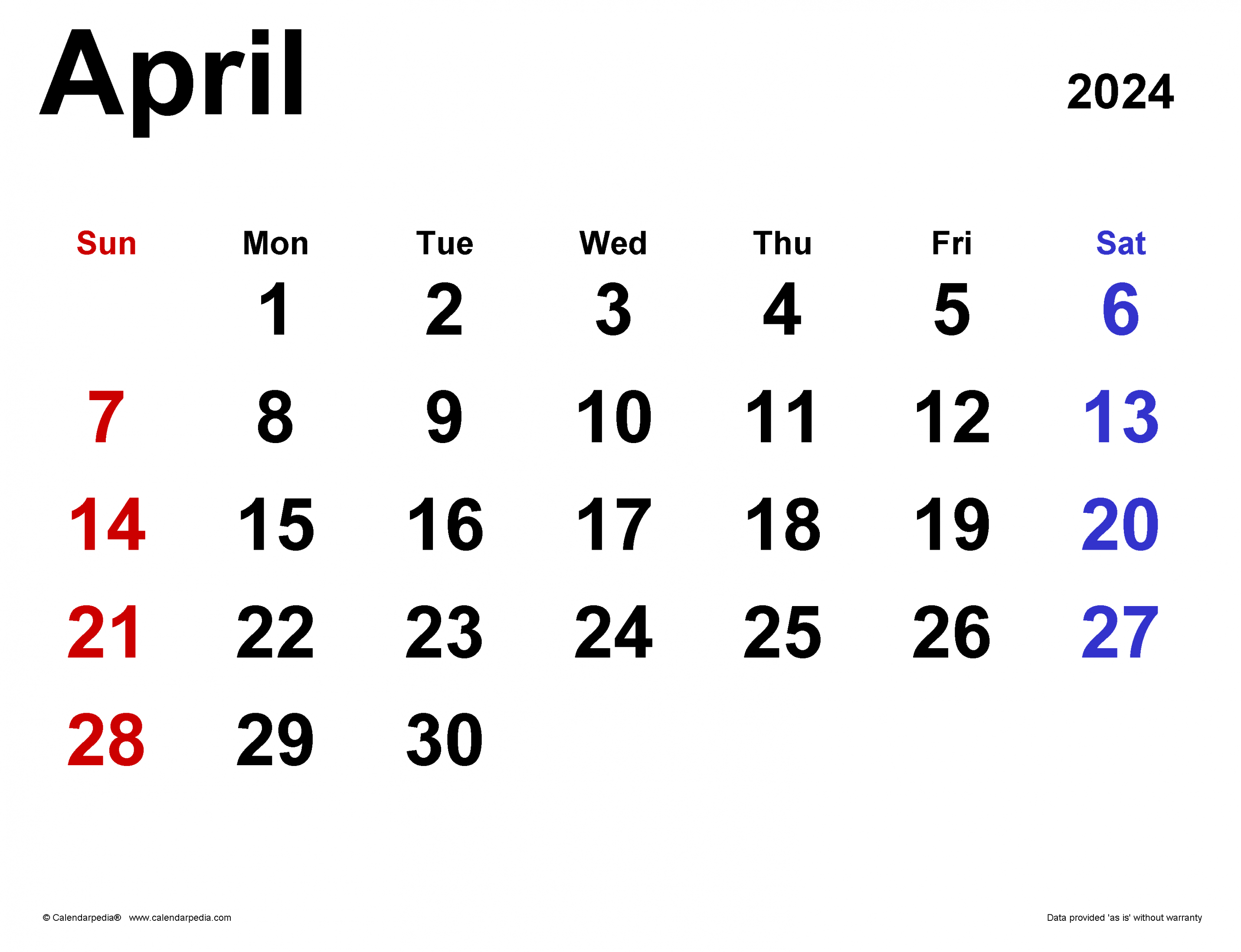 April  Calendar  Templates for Word, Excel and PDF
