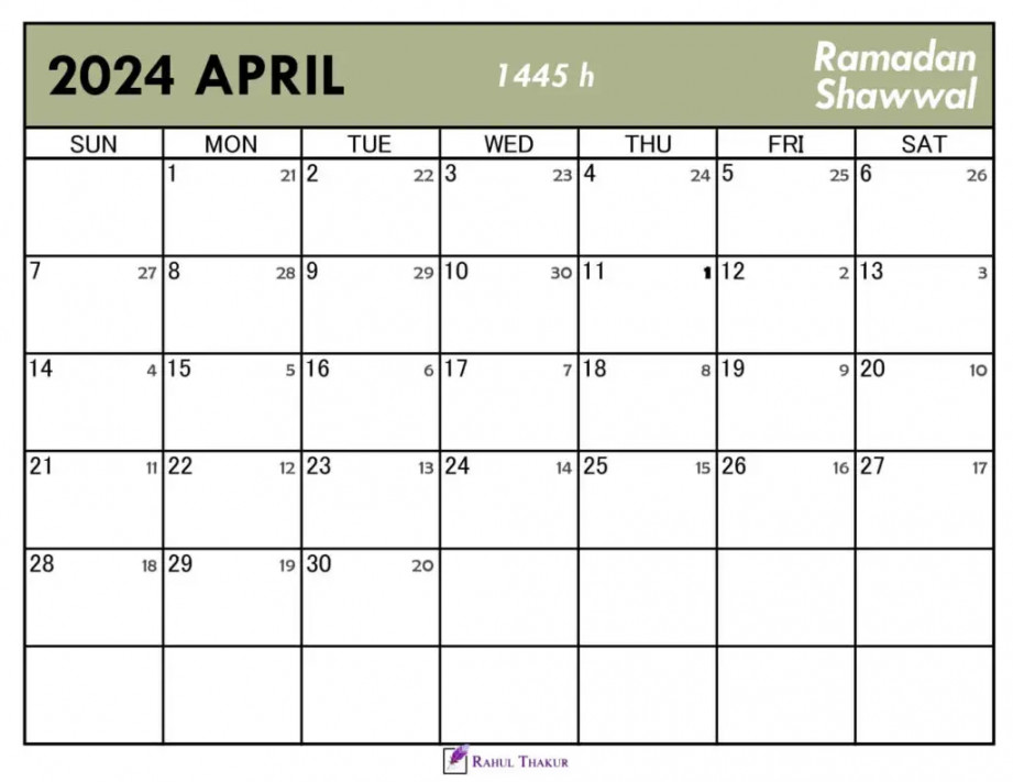April  Calendar with Hijri Dates - Thakur Writes