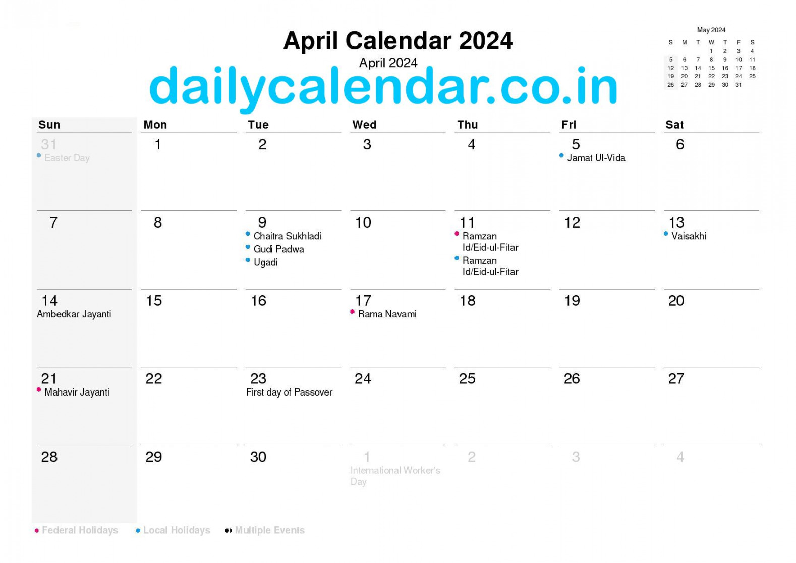 April  Calendar With Holidays India [Hindu Calendar] PDF