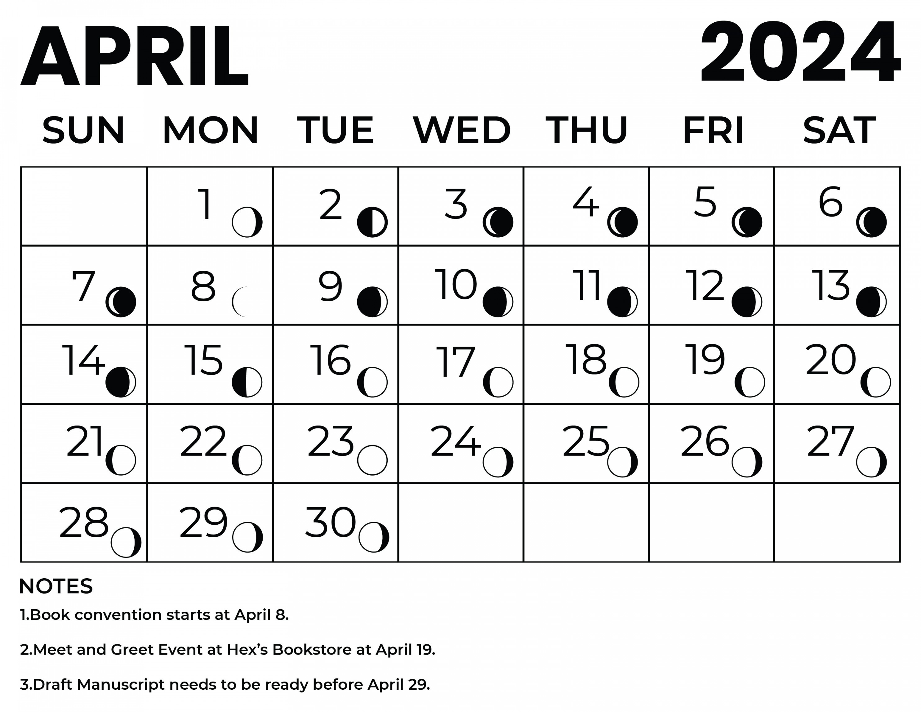 April  Calendar With Moon Phases - Download in Word
