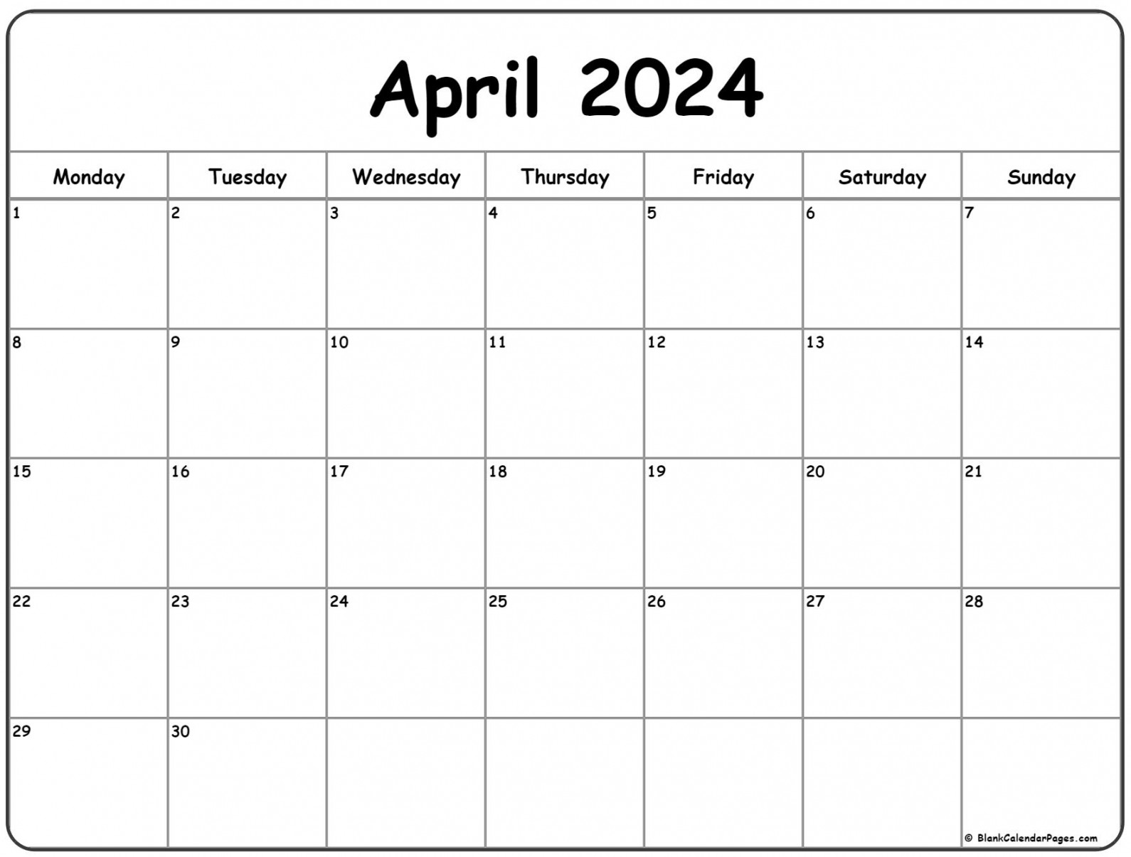 April  Monday Calendar  Monday to Sunday