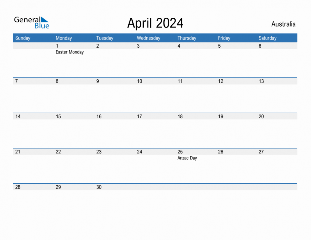 April  Monthly Calendar with Australia Holidays