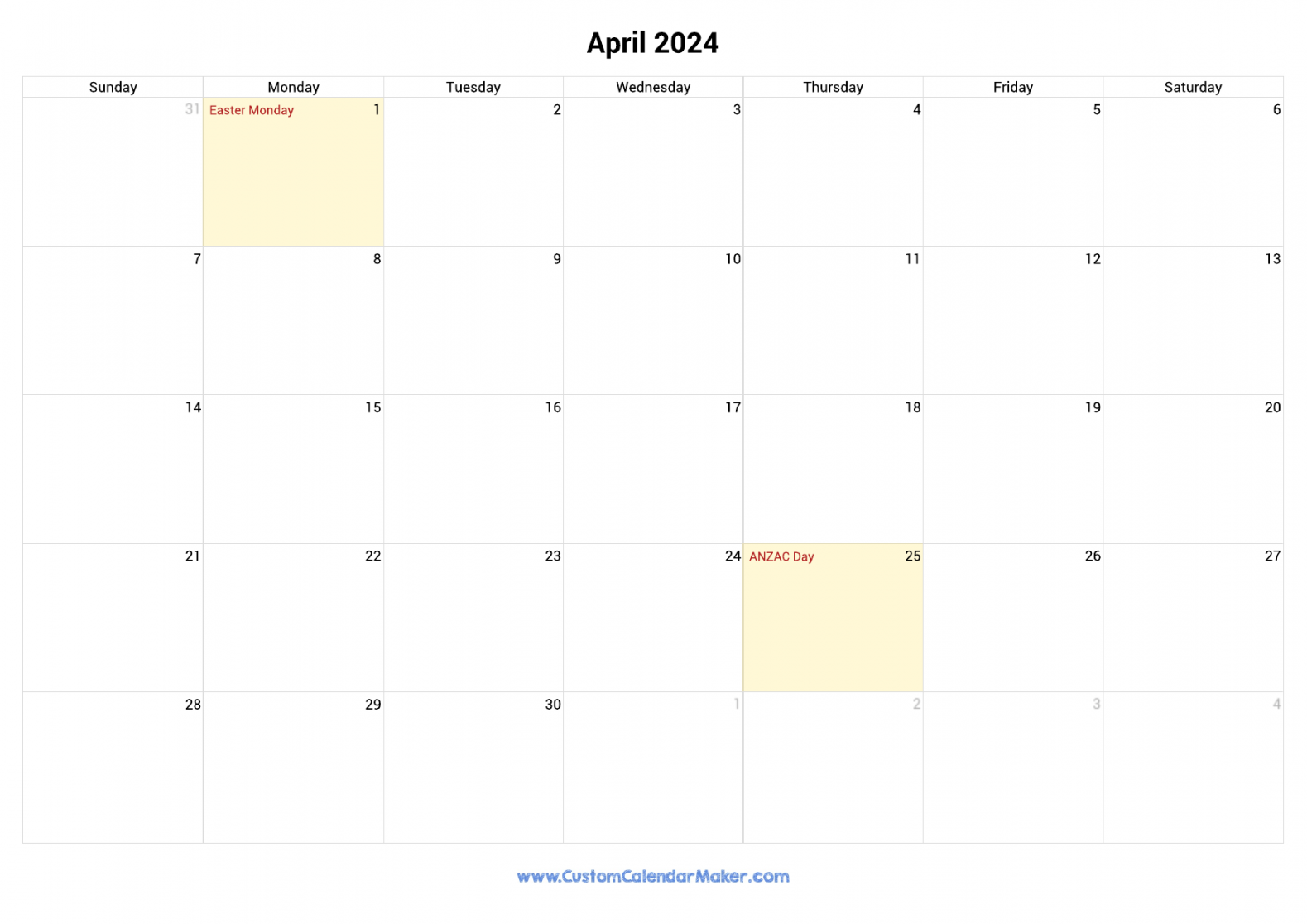 April  Printable Calendar With Australia Holidays