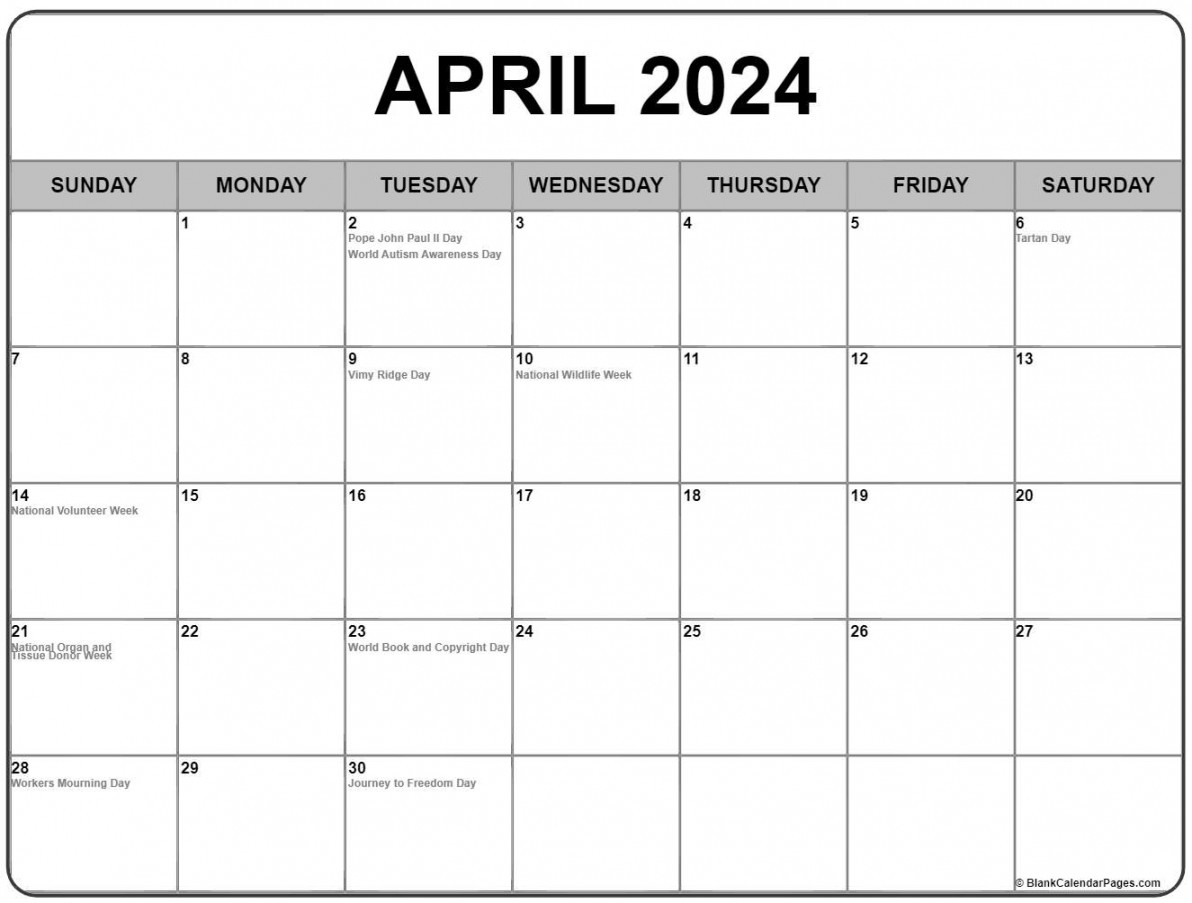April  with holidays calendar