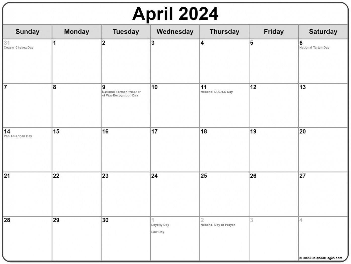April  with holidays calendar