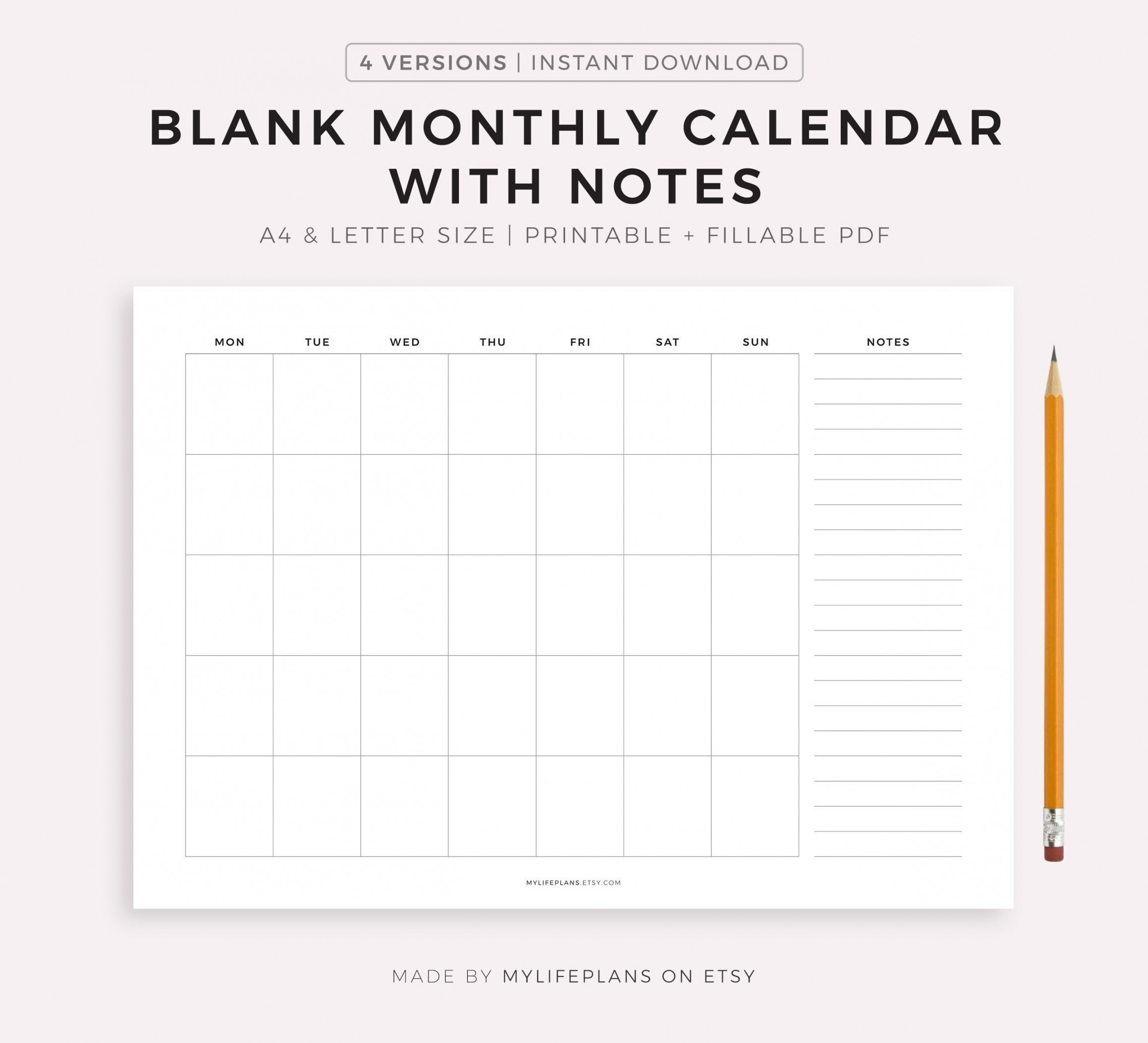 Blank Monthly Calendar With Notes Landscape Printable - Etsy Denmark