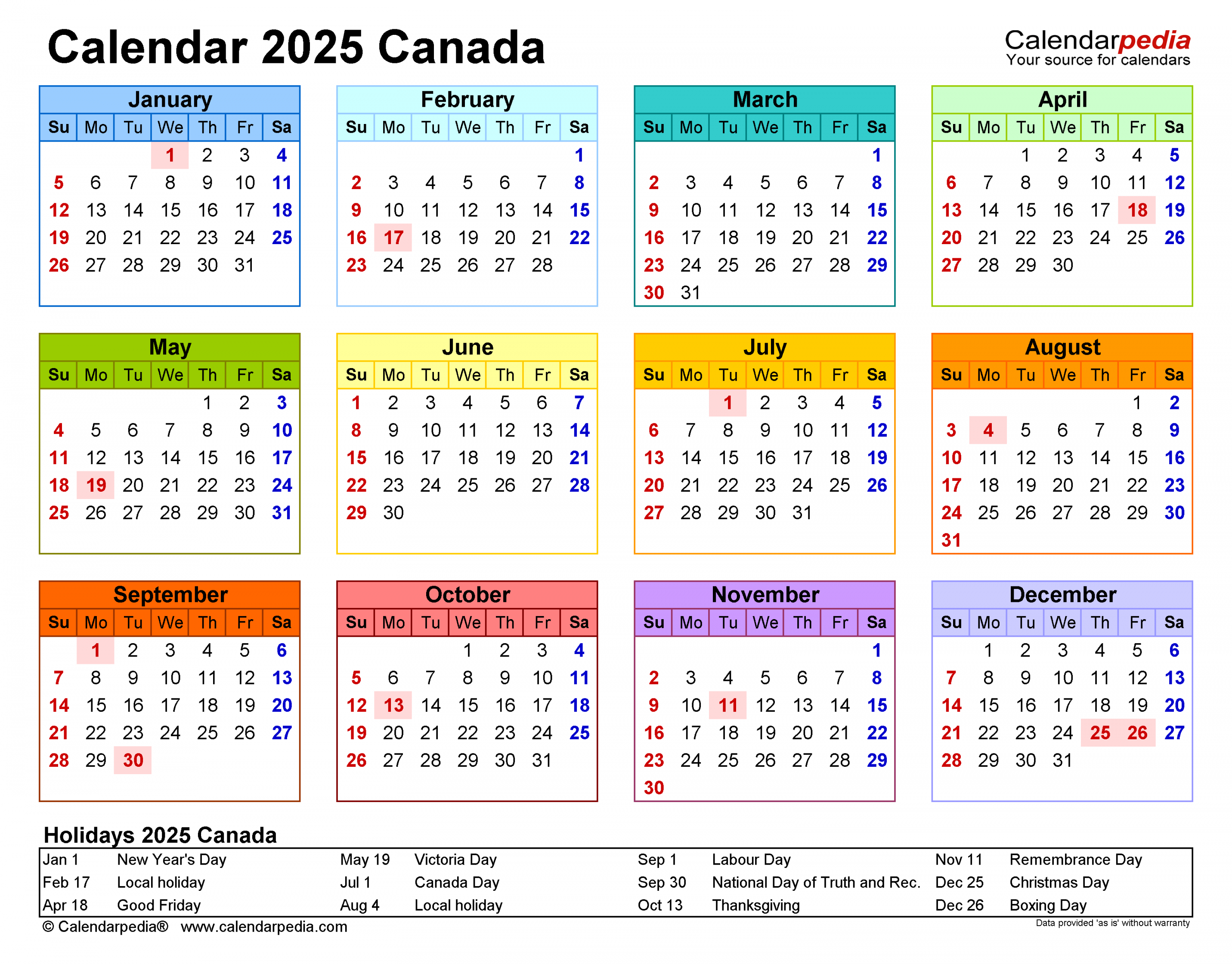 Canada Calendar  - Free Printable Excel templates