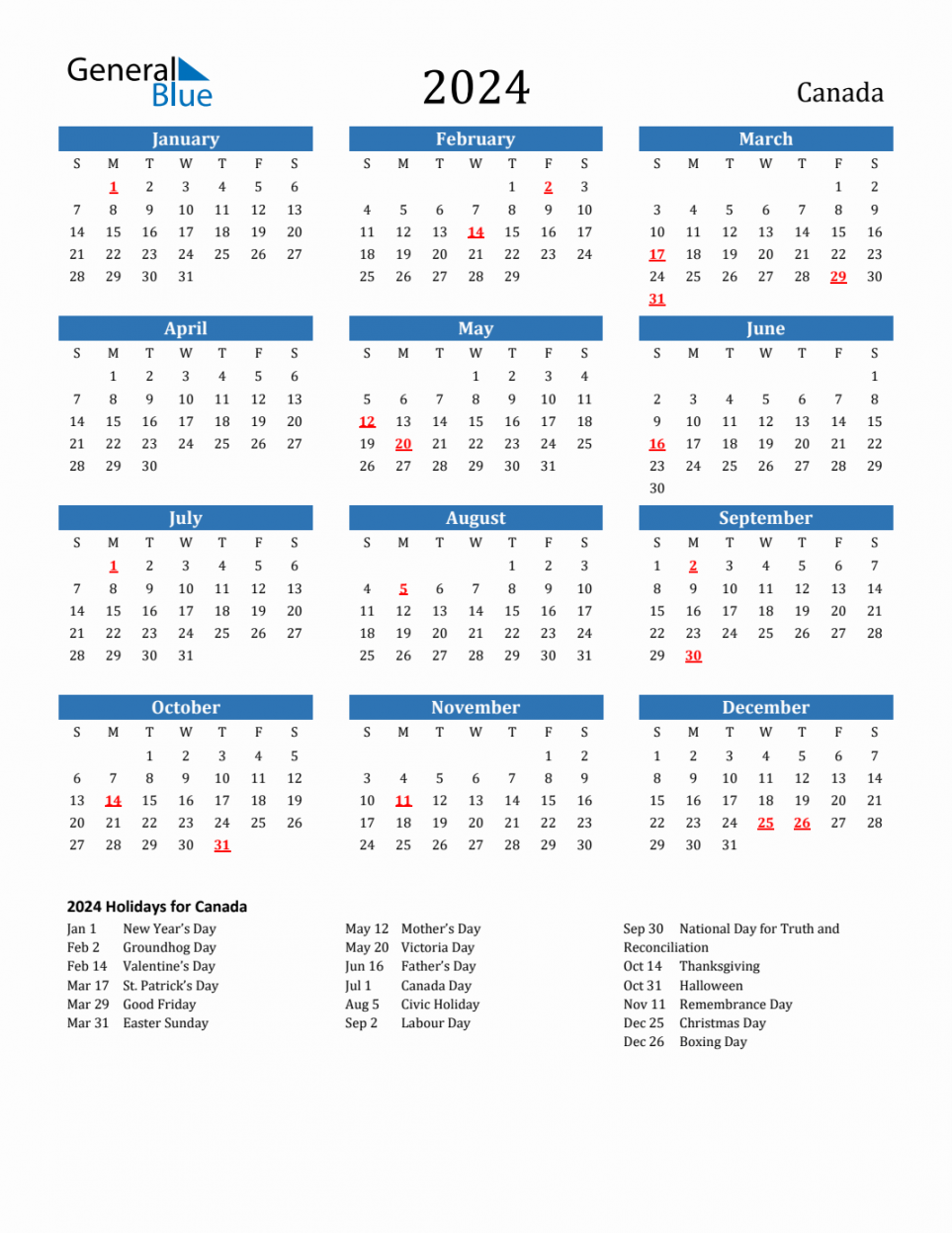 Canada Calendar with Holidays