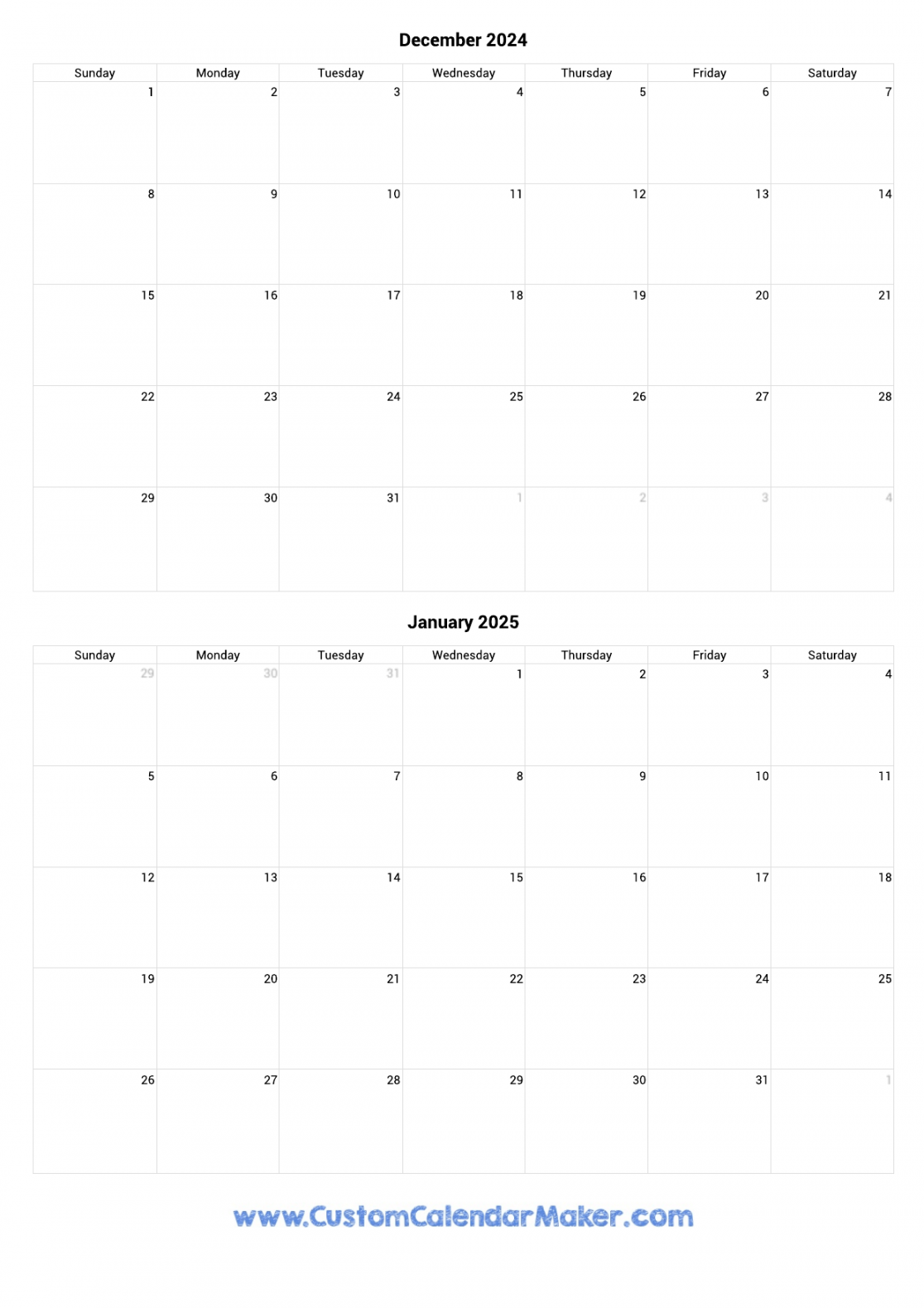 December  and January  Printable Calendar Template