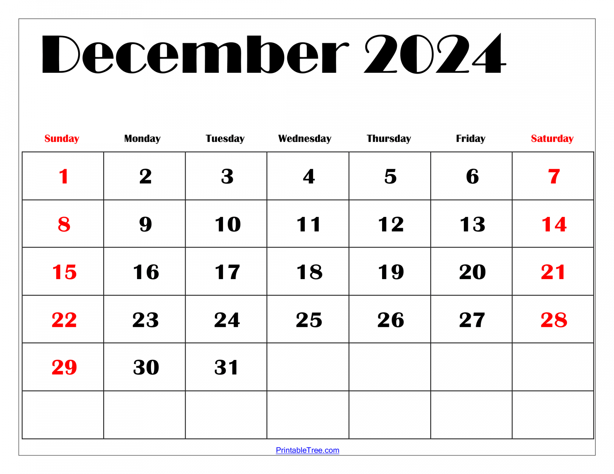 December  Calendar Printable PDF Blank Free templates