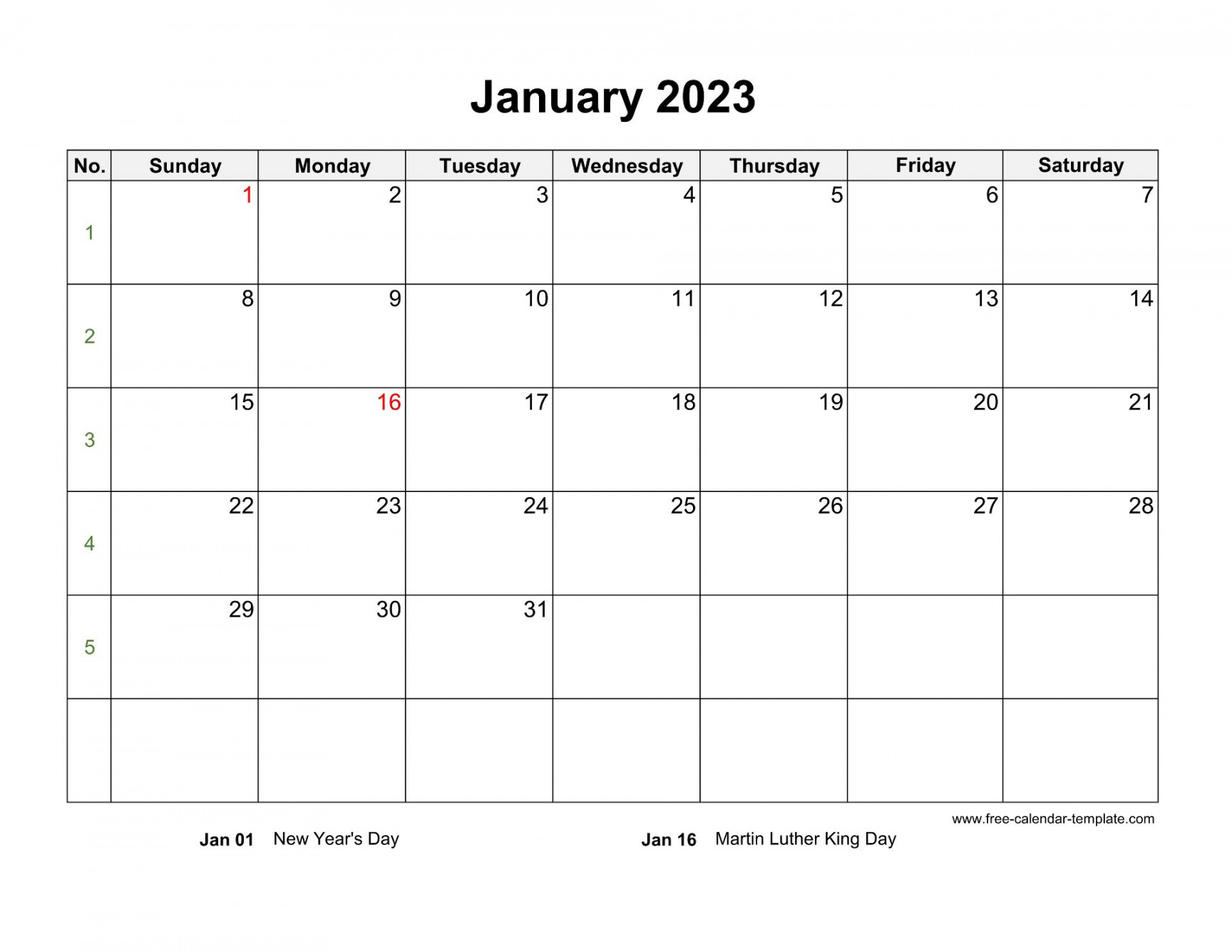 Free  Calendar Blank Monthly Template (horizontal)  Free