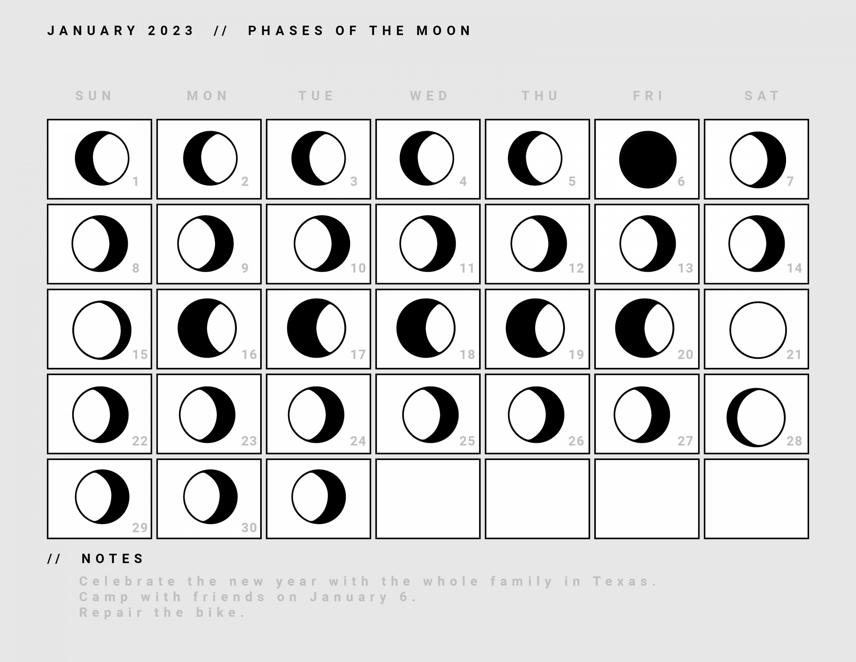 Free January  Calendar Template With Moon Phases - Download in