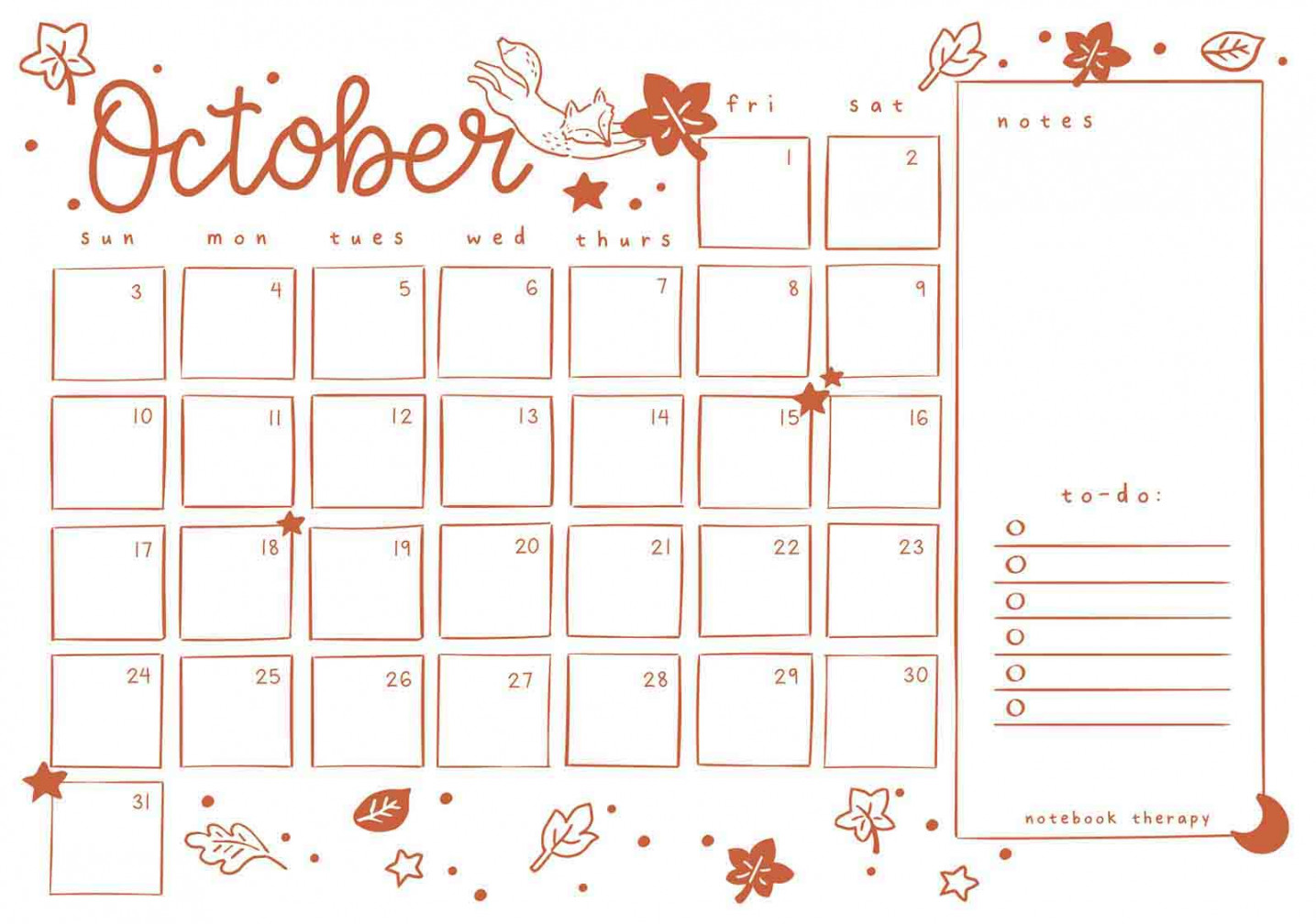 Free Monthly Calendar Printable 🗓️ – NotebookTherapy