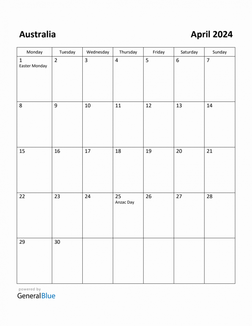 Free Printable April  Calendar for Australia