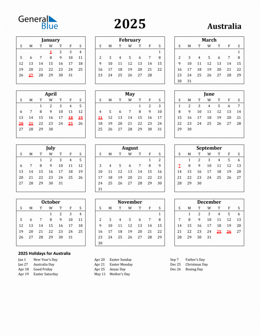 Free Printable  Australia Holiday Calendar