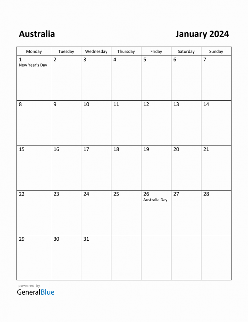 Free Printable January  Calendar for Australia