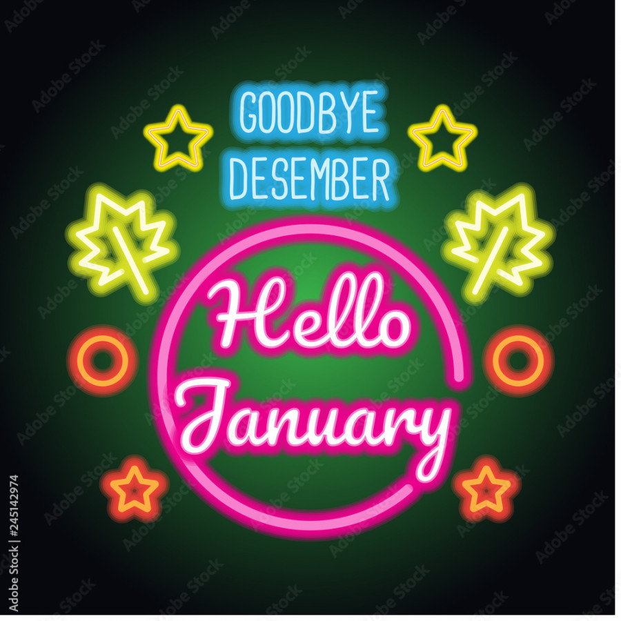 goodbye december hello january spring text sign with frame, vector