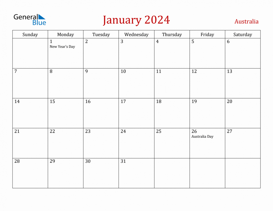 January  Australia Monthly Calendar with Holidays