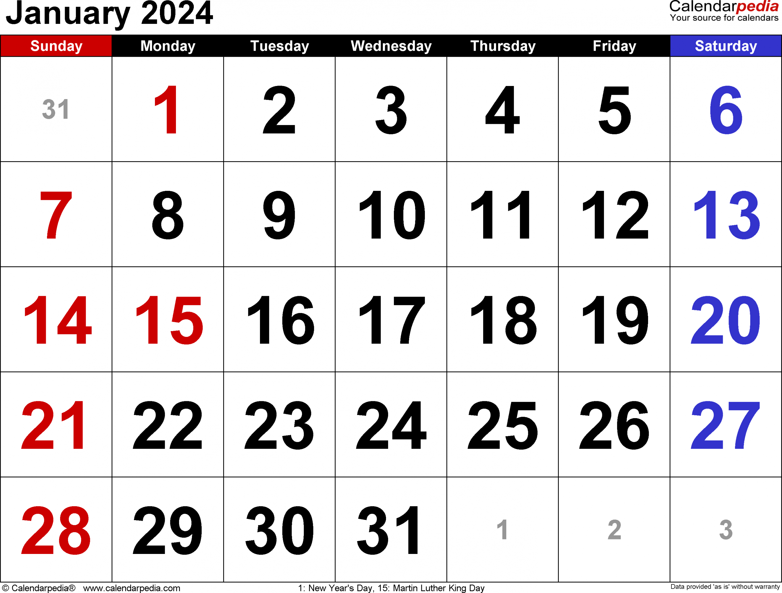 January  Calendar  Templates for Word, Excel and PDF