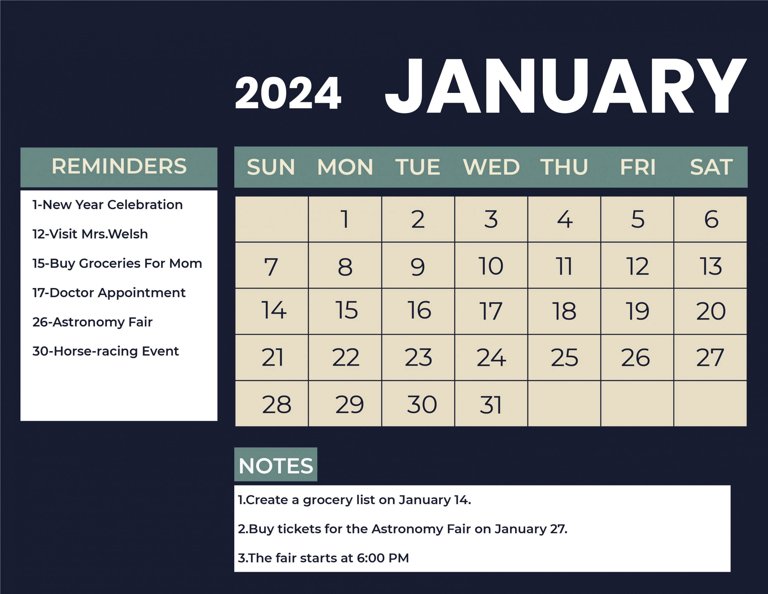 January  Monthly Calendar - Download in Word, Illustrator, EPS
