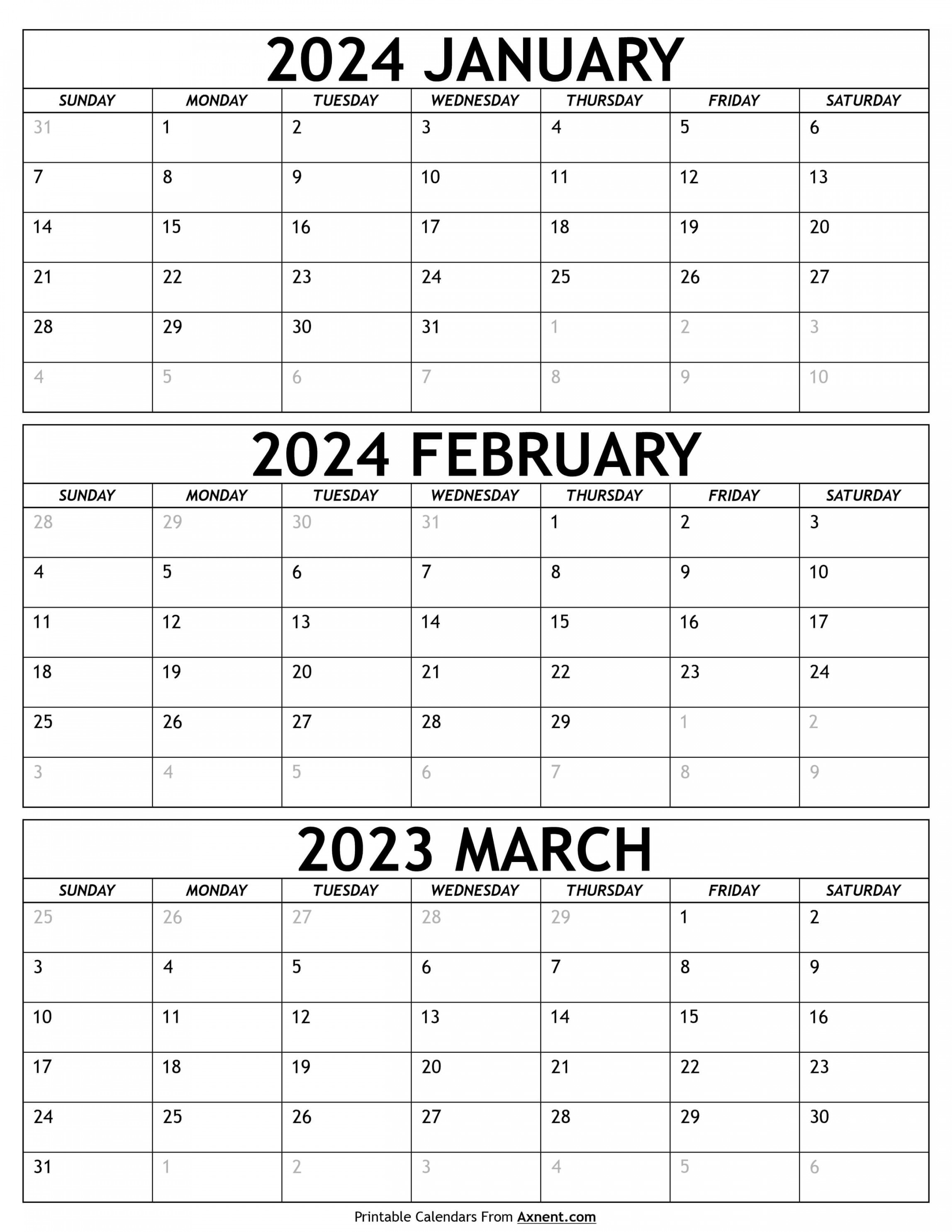 January To March Calendar  Templates - Three Months