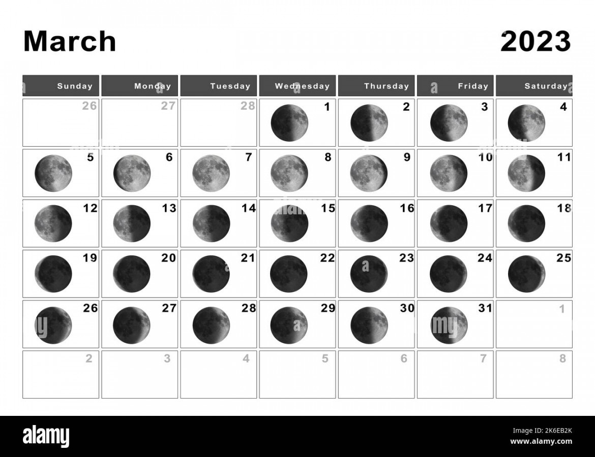 March  Lunar calendar, Moon cycles, Moon Phases Stock Photo