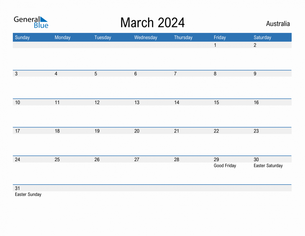 March  Monthly Calendar with Australia Holidays