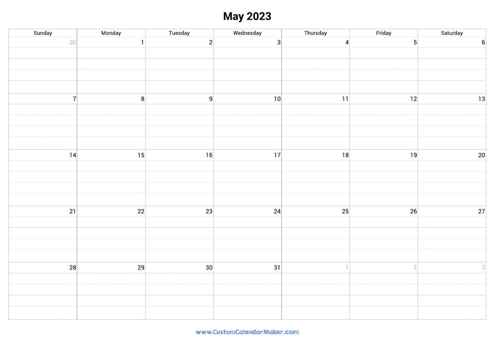 May  Fillable Calendar Grid With Lines