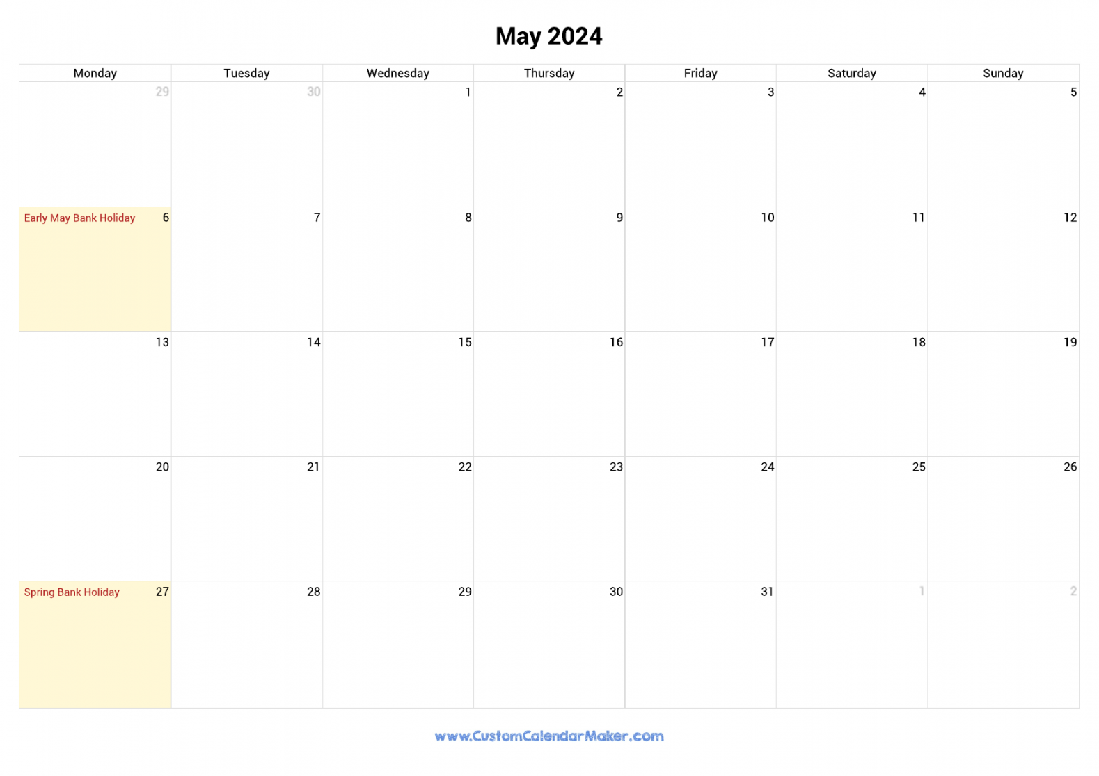 May  Printable Calendar With UK Bank Holidays