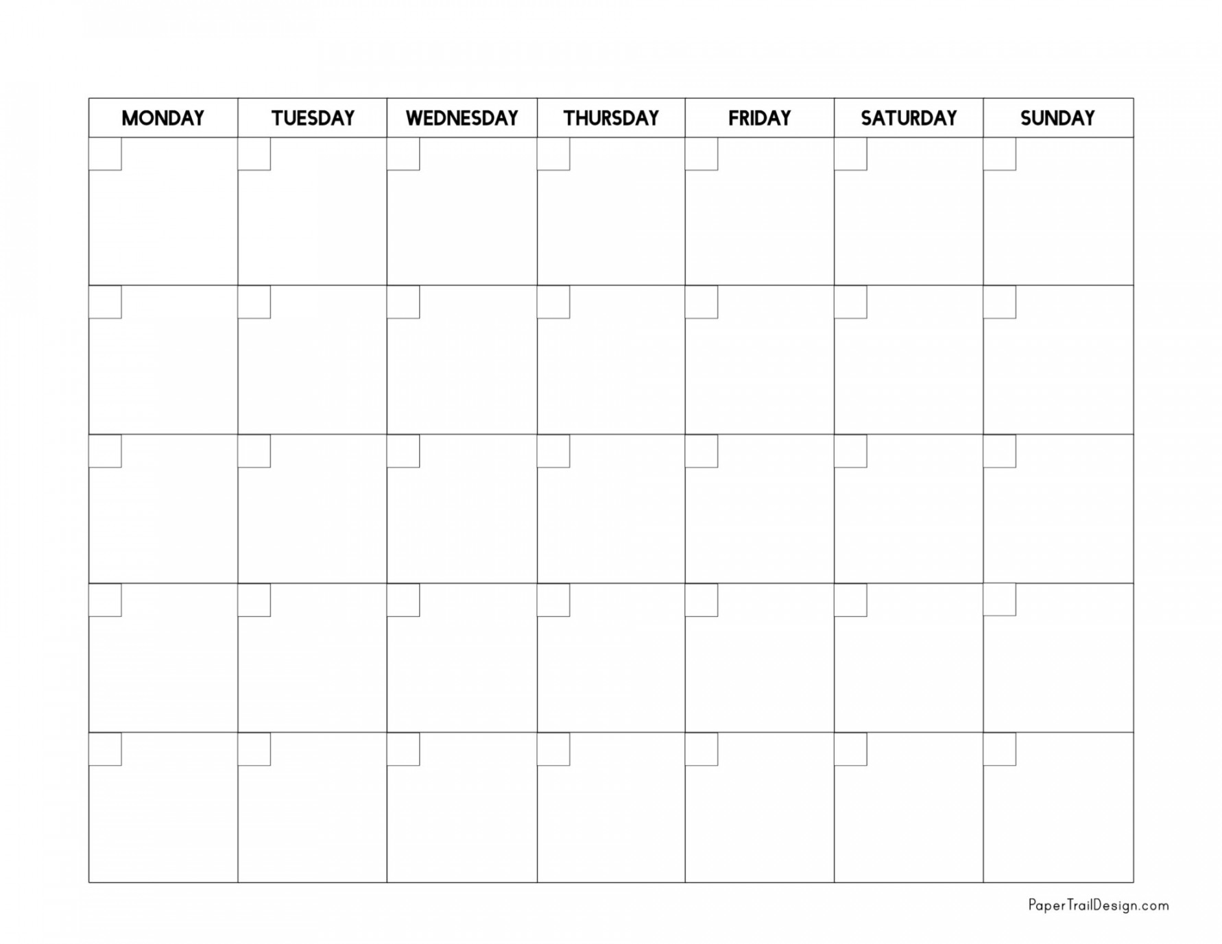 Monday Start Blank Calendar Template - Paper Trail Design