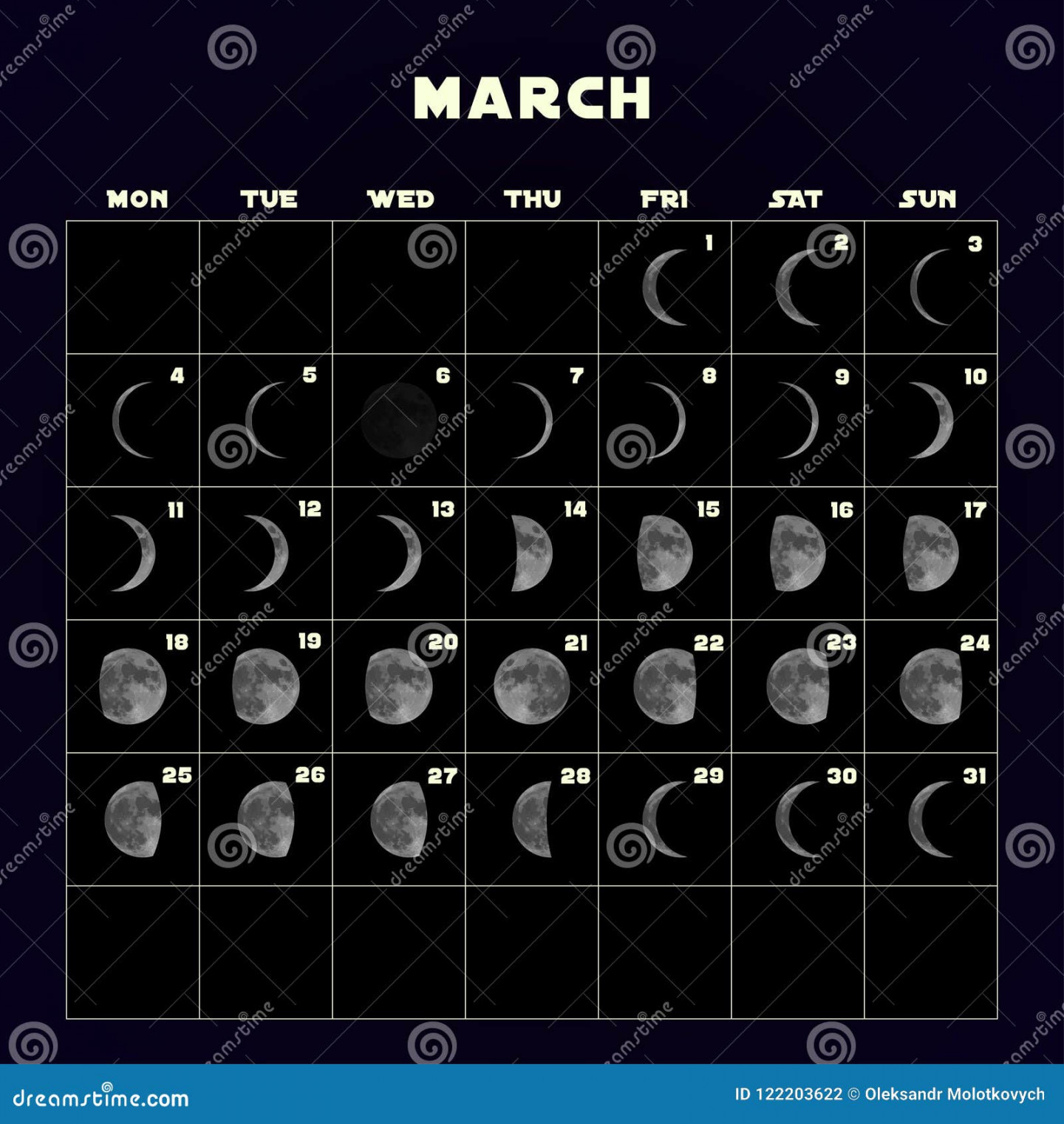 Moon Phases Calendar for  with Realistic Moon. March