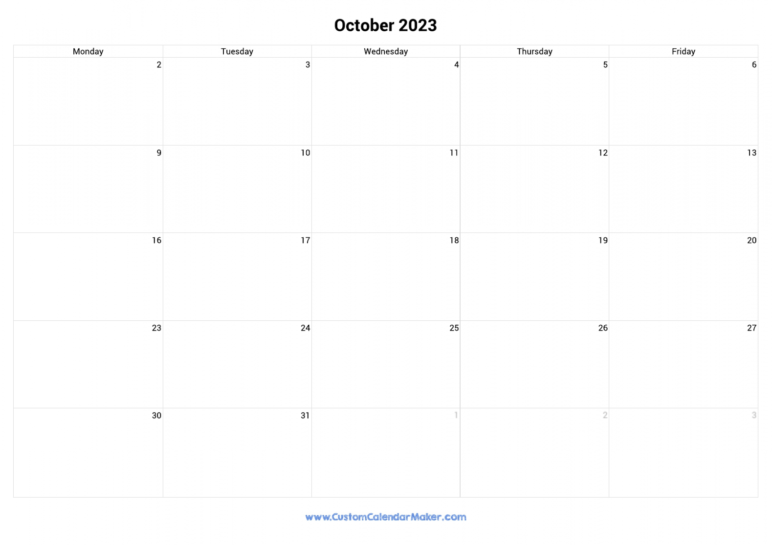 October  Calendar Weekdays Only  Monday to Friday