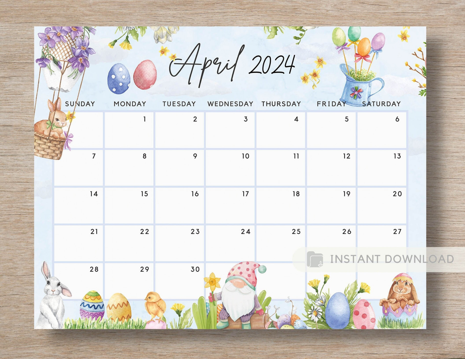 Printable April  Calendar Fun Easter Bunny & Gnome Ediatble