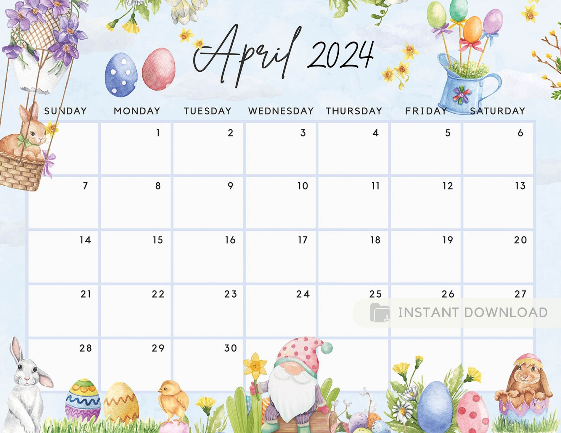 Printable April  Calendar Fun Easter Bunny & Gnome Ediatble