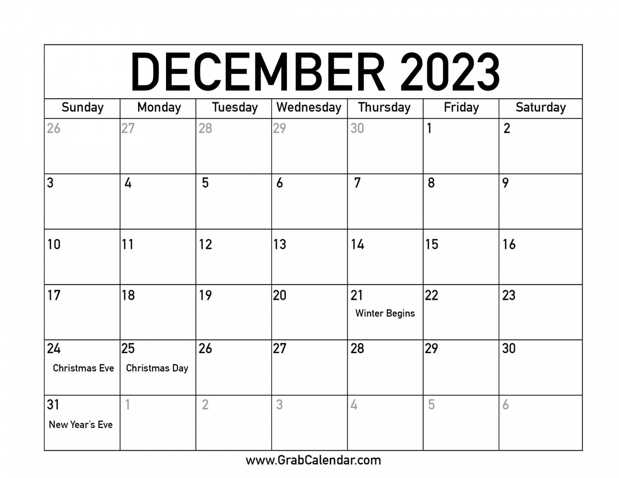 Printable December  Calendar